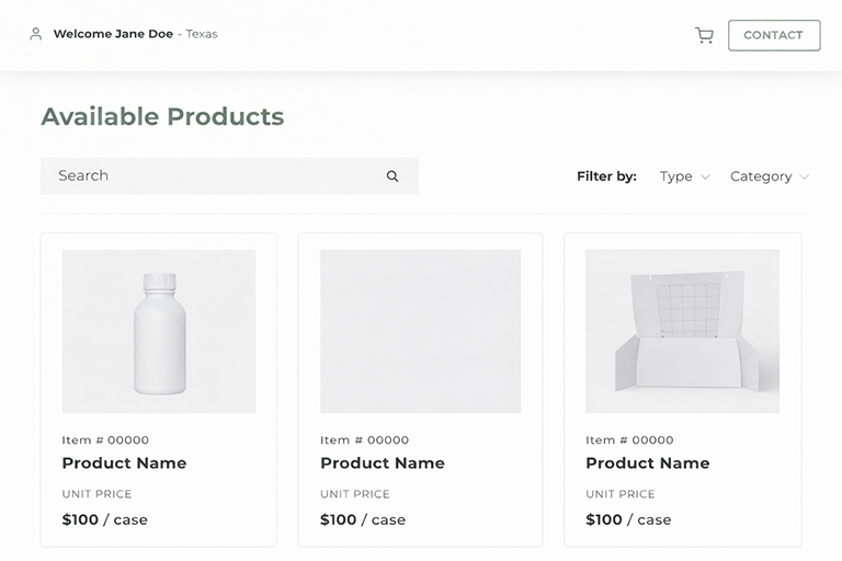 Product detail page mockup showing a placeholder product image, pricing information, availability details, quantity selection, and an add-to-order button within a B2B client portal.
