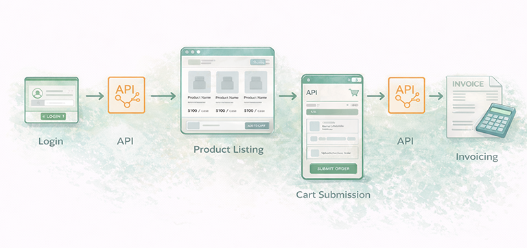 Flow diagram illustrating a B2B invoicing process: user login, API data retrieval, product listing, cart submission, API processing, and invoice generation.