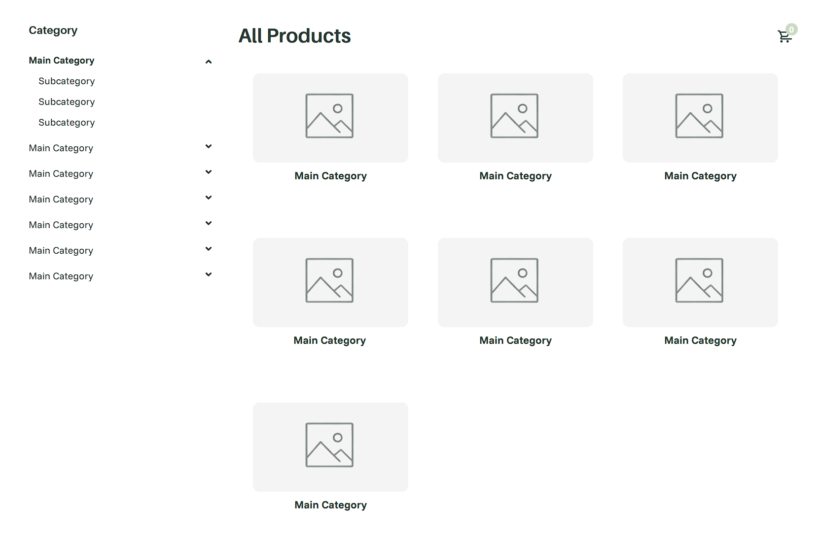 Top-level product category listing with collapsible navigation