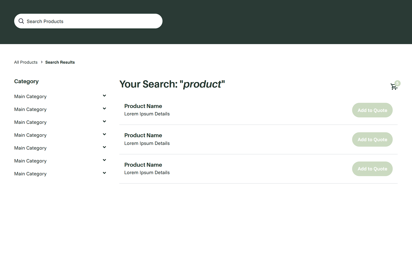 Product search results page showing a list of matching products with add-to-quote buttons.