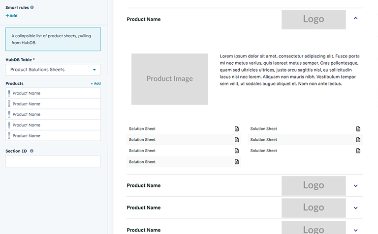 CMS interface and frontend view showing a collapsible product listing where product name, description, image, and logo are entered manually, while related solution sheet links are dynamically pulled from a HubDB table based on the product name.