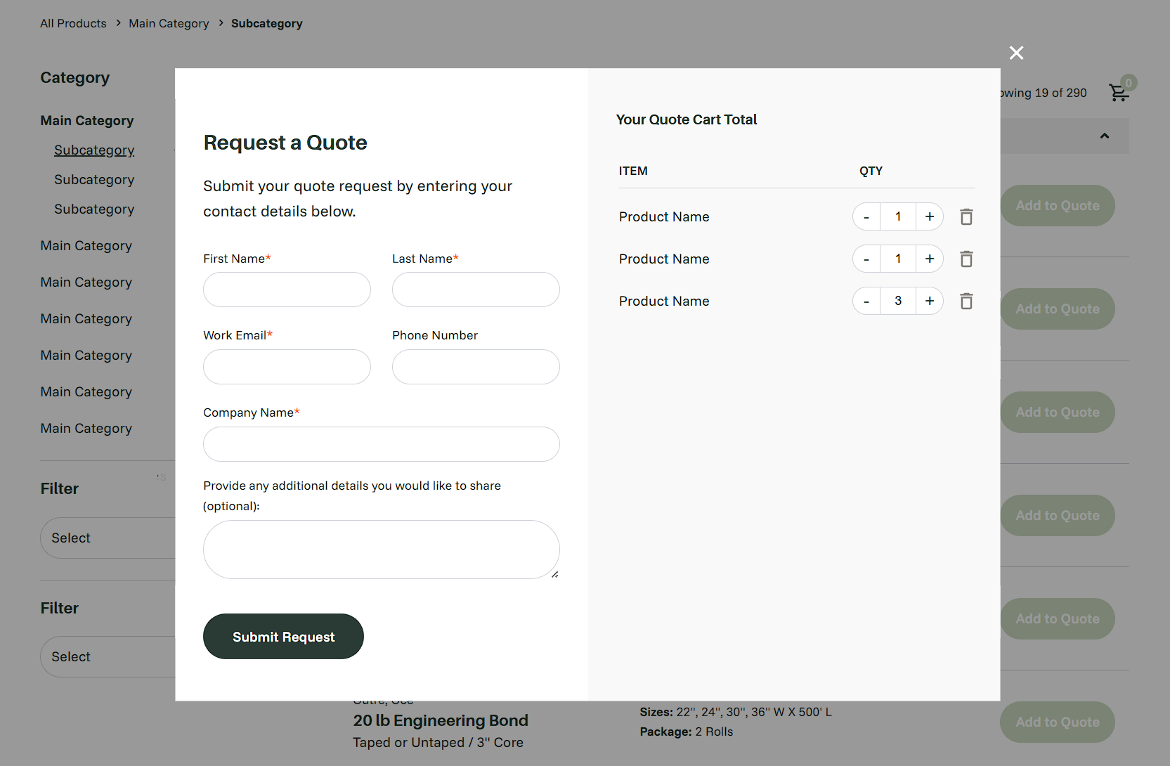 Quote request modal displaying selected products with quantity controls and a contact form.