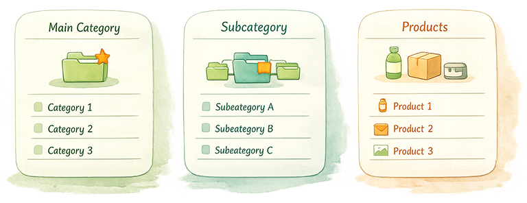 Illustration of a relational database structure showing a main category linked to subcategories, which connect to individual products, visually representing parent-child relationships and data organization.