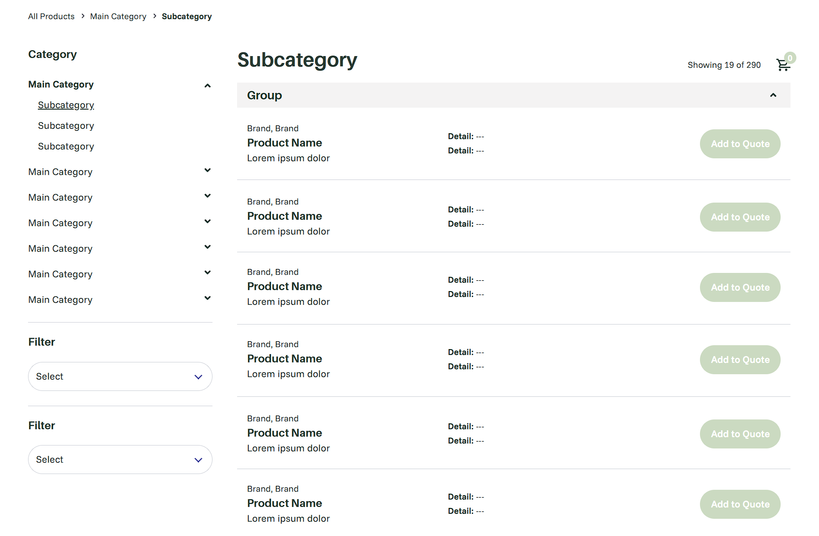 Product listing within a subcategory showing filters and grouped results