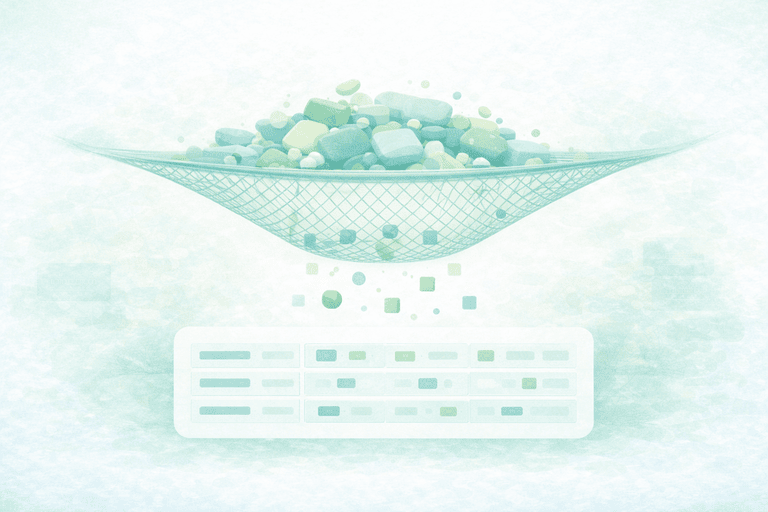 Abstract illustration of varied shapes being filtered through a mesh above a simplified data interface.